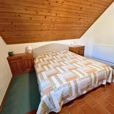 a bedroom with a bed with a wooden ceiling at Apartments Korošec Breda in Bohinj