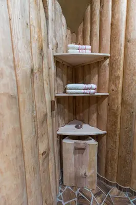 a bathroom with wooden walls and shelves with towels at Apartma Zemljanka in Ljutomer