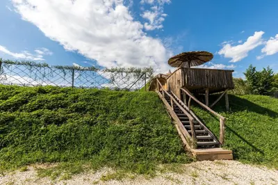 a fence with an umbrella on top of a hill at Apartma Zemljanka in Ljutomer