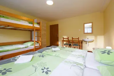 a bedroom with two bunk beds and a bathroom at House Budkovič in Bohinj