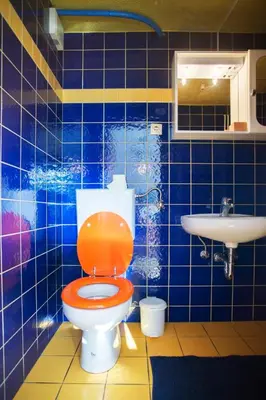 a blue tiled bathroom with a toilet and a sink at Nature nook in Bled