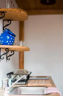 a kitchen counter with a sink and a shelf at Nature nook in Bled