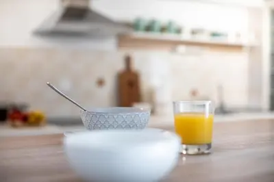 a bowl and a glass of orange juice on a table at Nauportus in Vrhnika