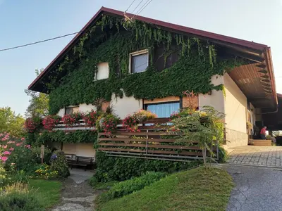 a house covered in ivy with flowers on it at Nauportus in Vrhnika