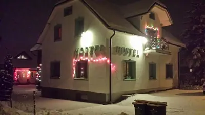 a building with christmas lights on it in the snow at Mama's House in Cerklje na Gorenjskem