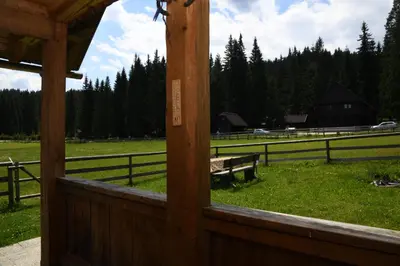 a view of a pasture from a porch with a bench at POČITNIŠKA HIŠA JURČEK POKLJUKA in Goreljek