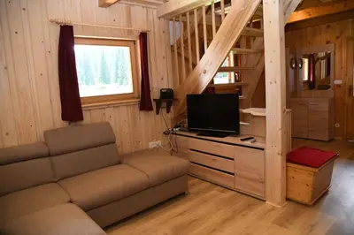 a living room with a couch and a flat screen tv at POČITNIŠKA HIŠA JURČEK POKLJUKA in Goreljek