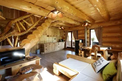 a log cabin with a living room and a staircase at Forest Glade Cottage - Koča na jasi in Rečica ob Savinji