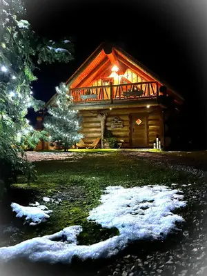 a log cabin with snow in front of it at Forest Glade Cottage - Koča na jasi in Rečica ob Savinji