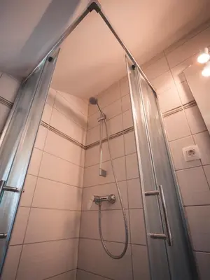 a shower in a bathroom with a glass door at Studio Kolman in Bled