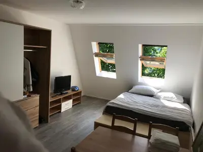 a bedroom with a bed and a table and two windows at Apartment Aly in Bovec