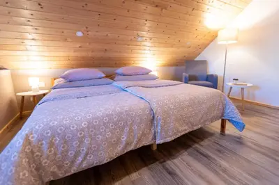 a bedroom with a bed and a wooden ceiling at Lovely Rustic House Pr' Čut in Žirovnica