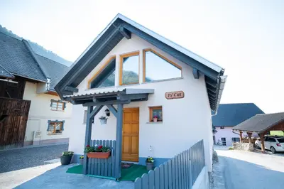 a small white house with a black roof at Lovely Rustic House Pr' Čut in Žirovnica