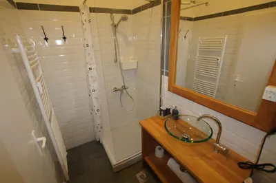 a bathroom with a shower and a sink and a mirror at BIT apartments in Ljubljana