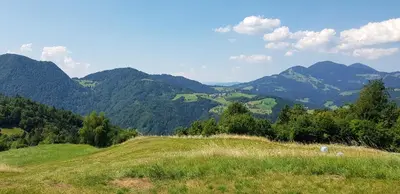 a grassy hill with mountains in the background at Apartma pri Boštjanu in Škofja Loka