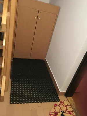a staircase with a door and a carpet at Apartma Rogla - Gaber 98 in Resnik