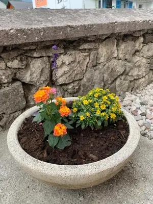 a stone planter with flowers in front of a stone wall at Apartma Kemper in Bovec