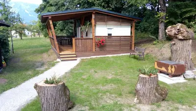 a wooden cabin in a park with two trees at Samson mobile house in Bled