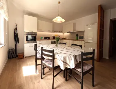 a kitchen with a table and chairs in a kitchen at Apartma Mika in Most na Soči