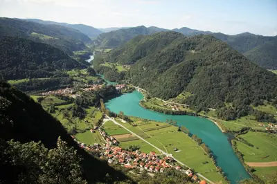 an aerial view of a river in the mountains at Apartma Mika in Most na Soči
