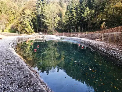 a pool of water with trees in the background at Apartma Mika in Most na Soči