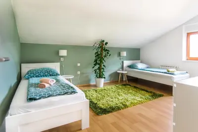 a bedroom with two beds and a green wall at Pr' Petrču in Tolmin