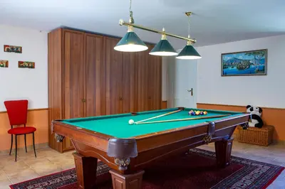 a pool table in a living room with ahibition at Villa Anton - The Old Dairy in Hrušica