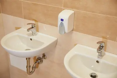 a bathroom with a sink and a soap dispenser on the wall at Hostel Delalut in Ravne na Koroškem
