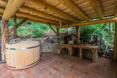 an outdoor patio with a stone fireplace and a wooden ceiling at Vineyard Cottage Rataj 2 in Novo Mesto