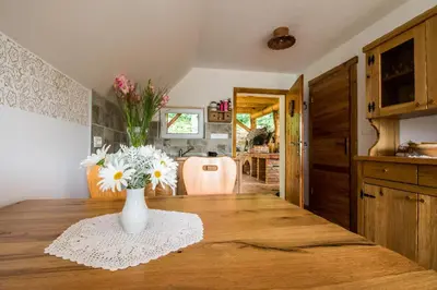 a vase of flowers on a table in a kitchen at Vineyard Cottage Rataj 2 in Novo Mesto