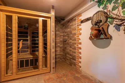 a walk in wine cellar with a glass door at Vineyard Cottage Rataj 2 in Novo Mesto