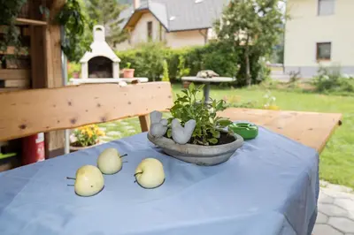 a table with eggs and a potted plant on it at Apartma Tajč in Bohinj