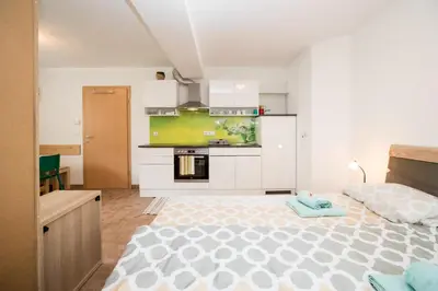 a bedroom with a large bed and a kitchen at Apartma Tajč in Bohinj