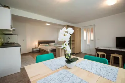 a kitchen and living room with a table with a vase of flowers at Apartma Tajč in Bohinj