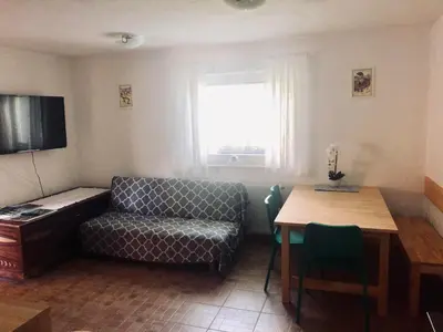 a living room with a couch and a table at Apartma Tajč in Bohinj