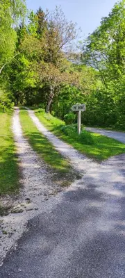 a road with a sign on the side of it at Holiday house Pr Robč in Bovec