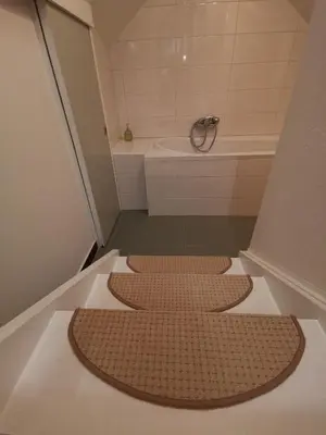 a bathroom with three brown mats on the floor at Apartmaji Mak in Jesenice