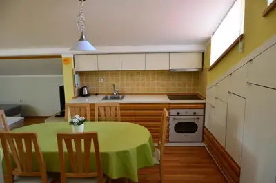 a kitchen with a table with a green table cloth at Apartma Louis in Dutovlje