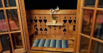 a small sauna with a table and a plant in it at pr' Drašlerju in Dovje