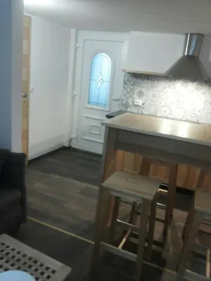 a room with a kitchen with a counter and a door at Apartments Otašević in Kranjska Gora