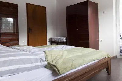 a bedroom with two beds and a wooden cabinet at Hanzi Holiday Home in Rečica ob Savinji