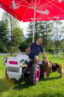 a man on a tractor with a dog under an umbrella at Hanzi Holiday Home in Rečica ob Savinji