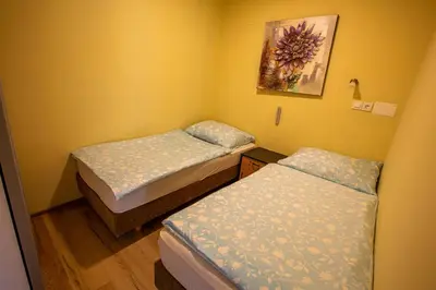 a room with two beds and a picture on the wall at Bled Honey Bee Apartment in Bled