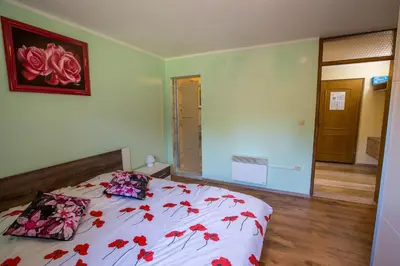 a bedroom with a bed with red flowers on it at Bled Honey Bee Apartment in Bled