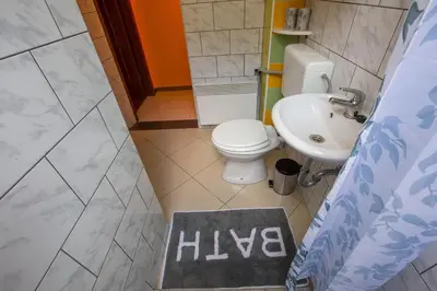 a small bathroom with a toilet and a sink at Bled Honey Bee Apartment in Bled