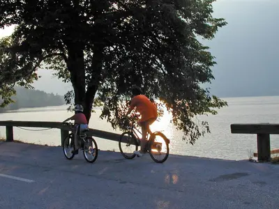 two people riding bikes next to a tree next to a lake at Apartment Ravnik Brod 13 in Bohinj