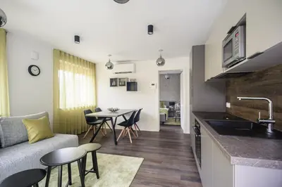 a kitchen and living room with a couch and a table at Apartments Villa Tatiana in Bled