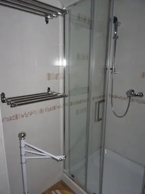 a shower with a glass door in a bathroom at Apartment Tjaša in Radovljica
