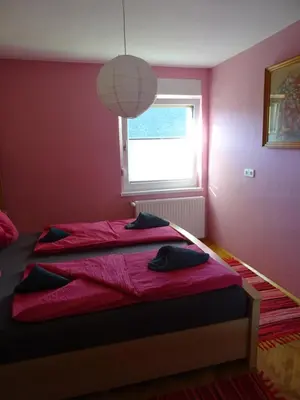 a bedroom with two beds and a window at Apartment Tjaša in Radovljica
