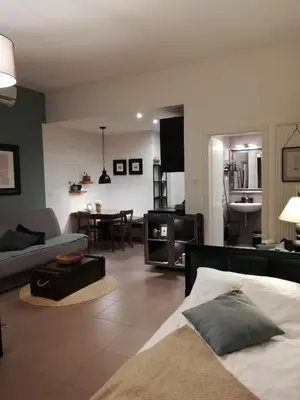 a living room with a bed and a dining room at MAPLE place in Pivka